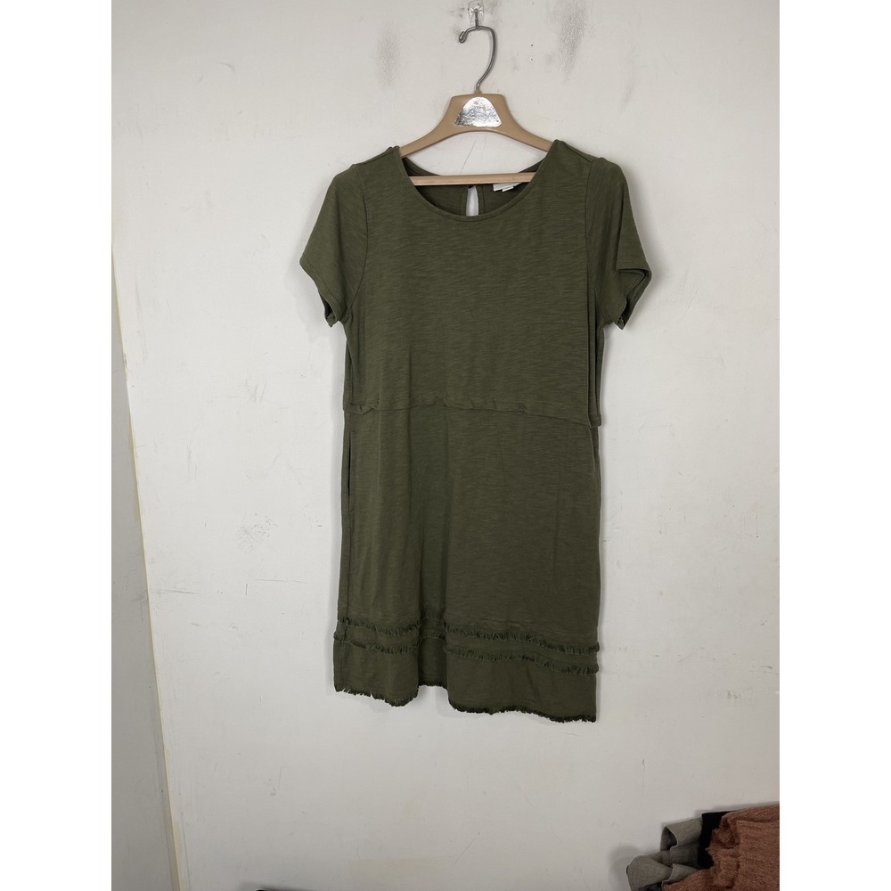 J. Jill Olive Green Fringe Hem Slub Knit Shift Dress Petite Medium Pockets‎